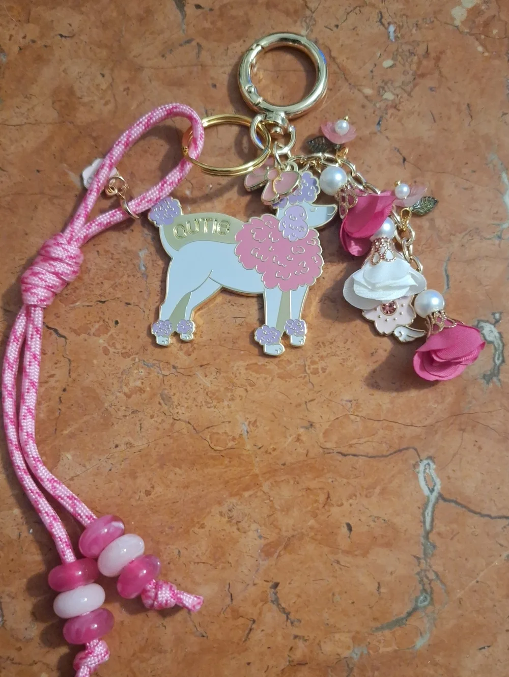 Kids Pink Poodle Charm Keychain Bag Charm with Floral Accents
